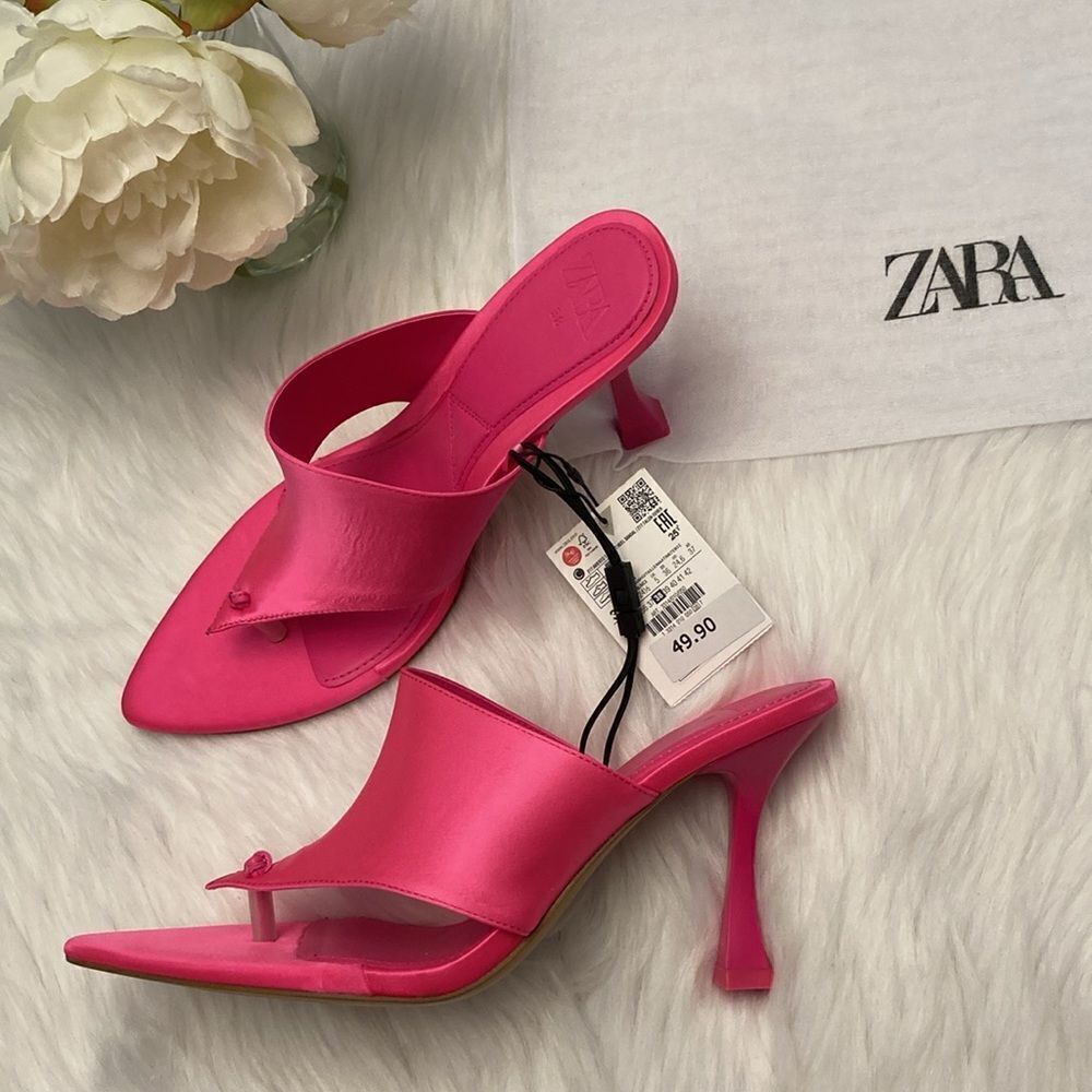 Zara Fuchsia Pink Satin Effect Pointed Toe High Heels Sandals Shoes - Picture 3 of 11